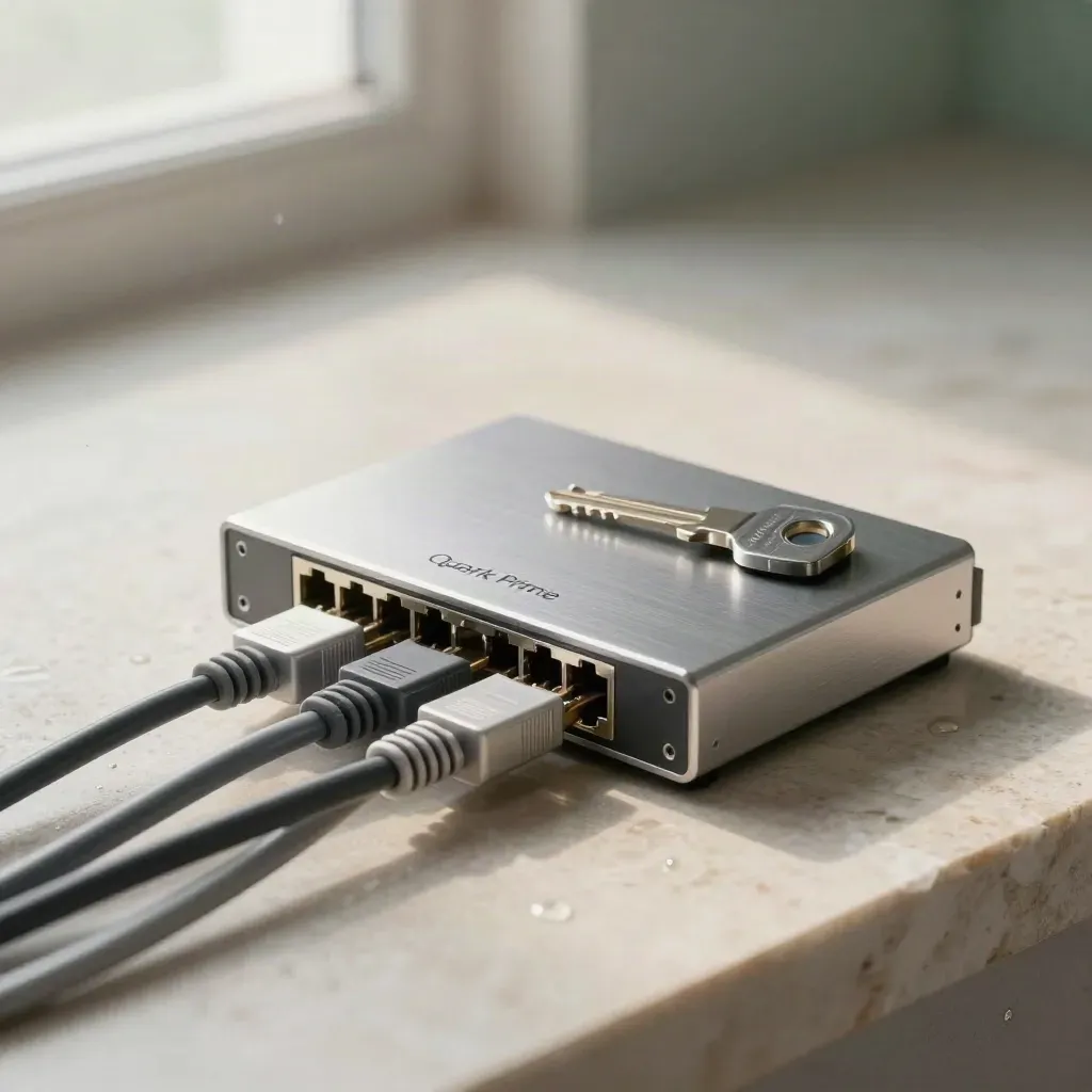 Brushed network hub, braided cables, security key and connector blocks on pale stone in soft rain light.
