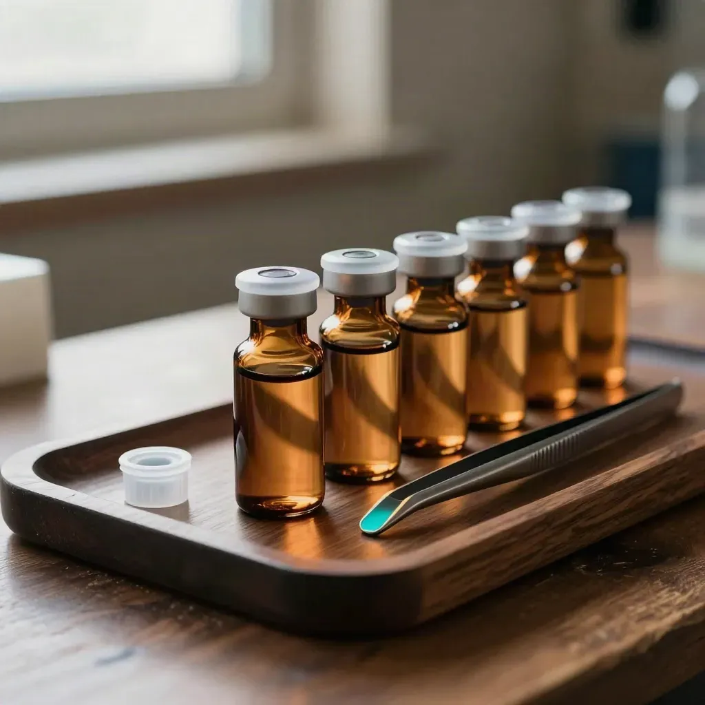 Amber lab vials, tweezers and a sample tray on dark walnut with warm haze and teal glints.