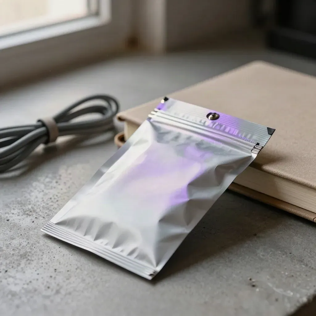 Macro still life of anti-static pouch, enclosure sample, cable wrap and closed notebook on concrete.