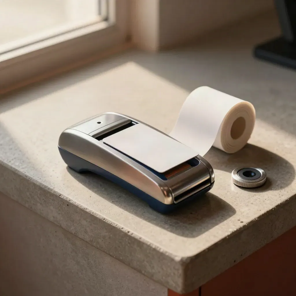 Overhead close-up of a card sliding into a payment reader beside a receipt roll and smart token.