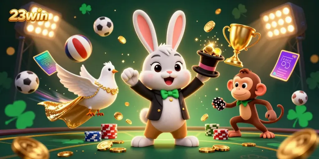 23win's dynamic casino scene with a magician rabbit and assistants showcasing vibrant gaming elements.