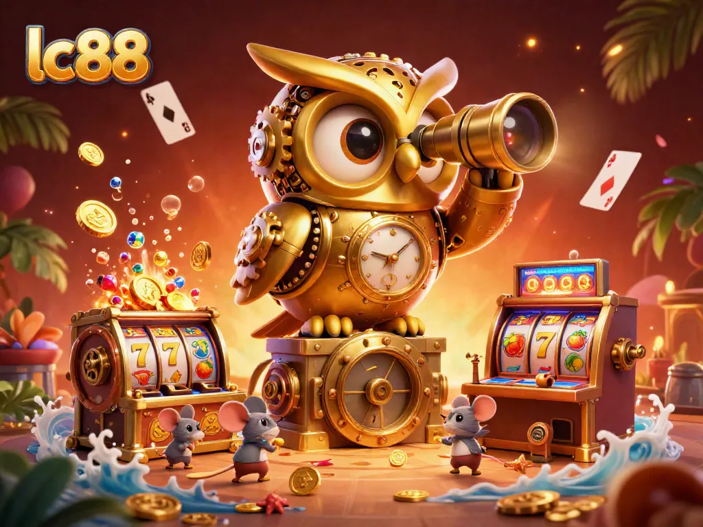 Experience lc88's vibrant casino action with golden owl scanning and joyful patrons!