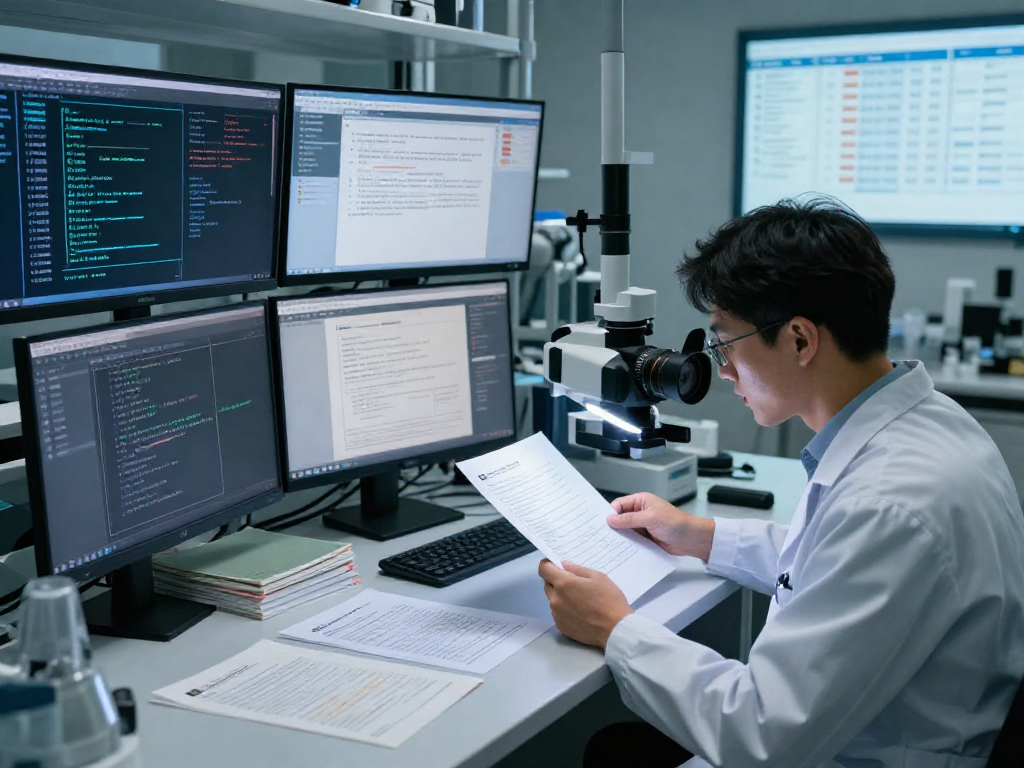 Expert conducting document fraud detection in a high-tech forensic lab with advanced technology.