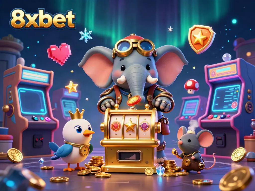 Experience thrilling slots at 8xbet with a vibrant steampunk scene featuring a whimsical elephant engineer.