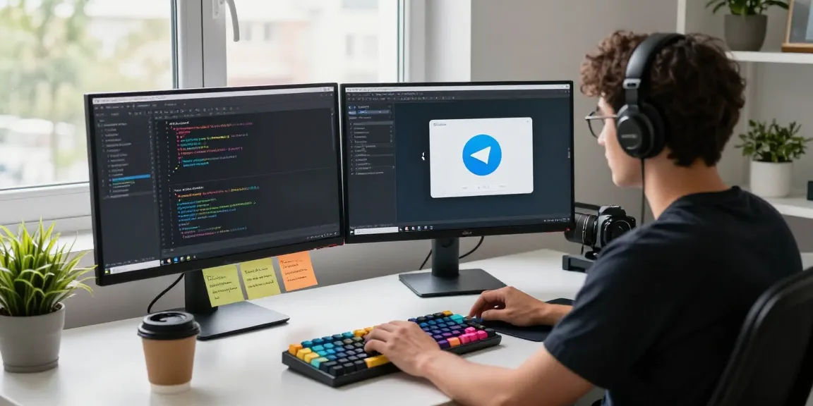 Developer customizing Telegram Chinese interface in a modern tech workspace focused on productivity.