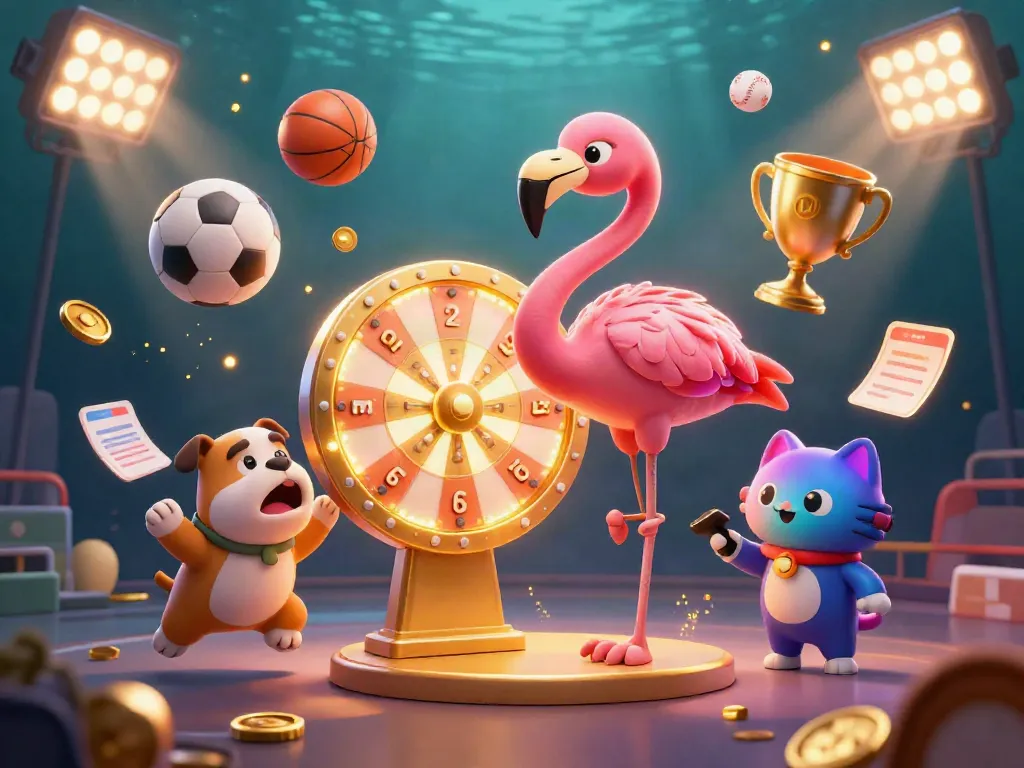 See kqbd in action: dynamic sports event with a flamingo host, bulldog contestant, and prize scoreboard