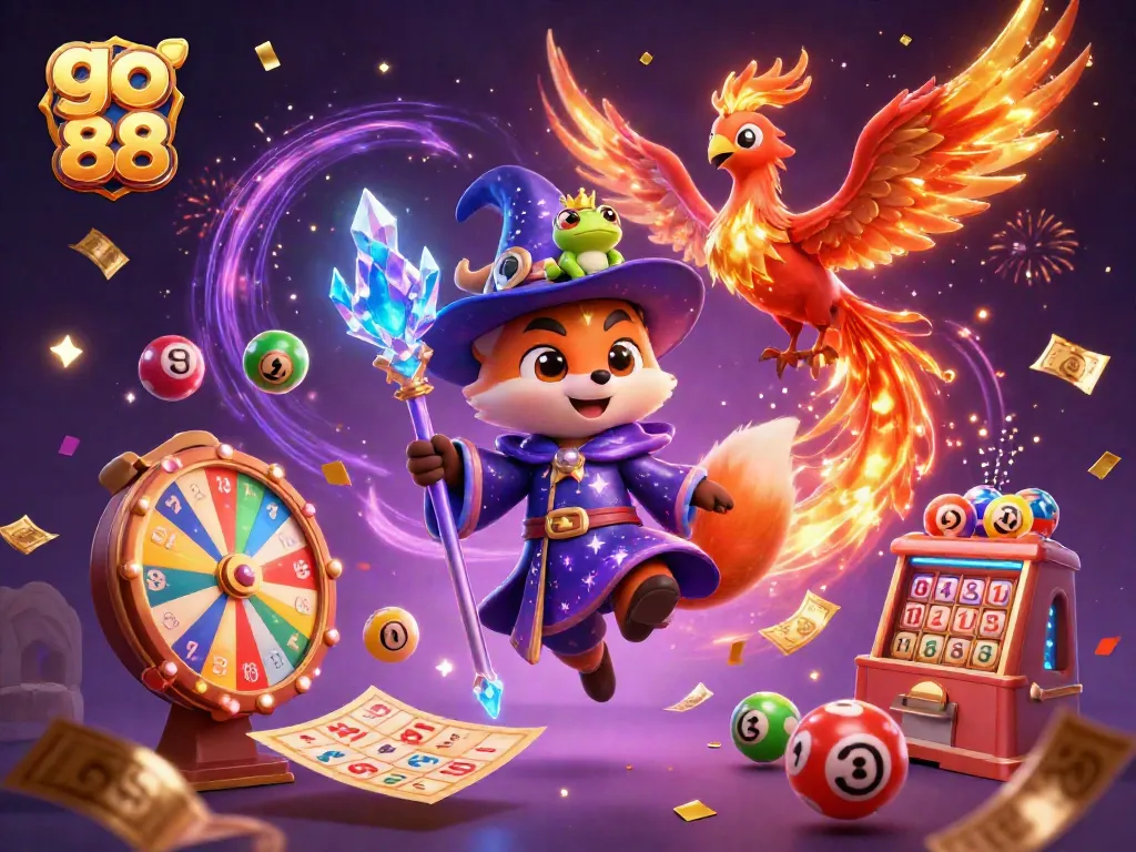 Experience go 88 in this vibrant scene with a wizard fox, phoenix, and exciting lottery elements