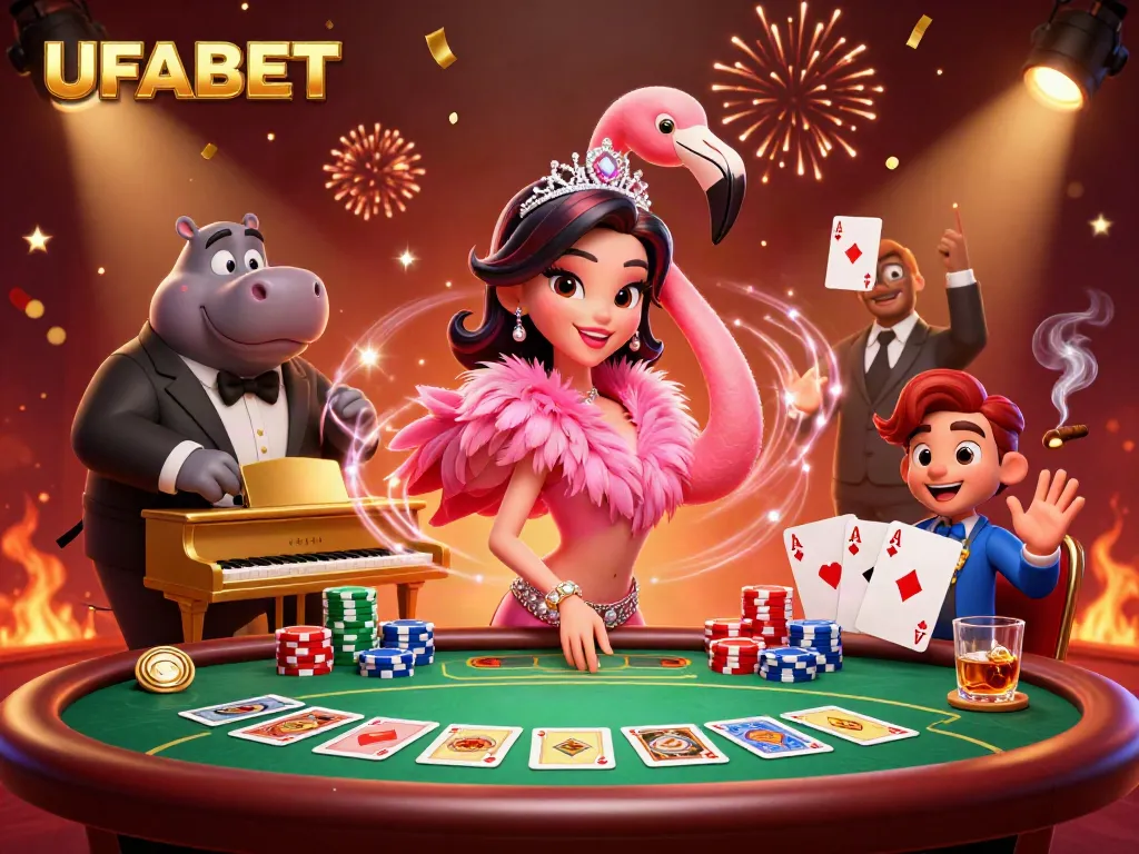 Experience the vibrant world of UFABET with a glamorous casino scene featuring lively characters.