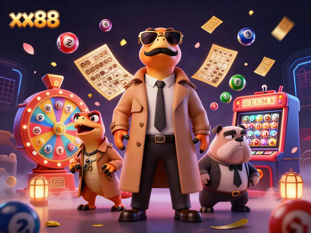 Enjoy exciting gameplay at xx88 with colorful lottery elements and a humorous 3D illustration.