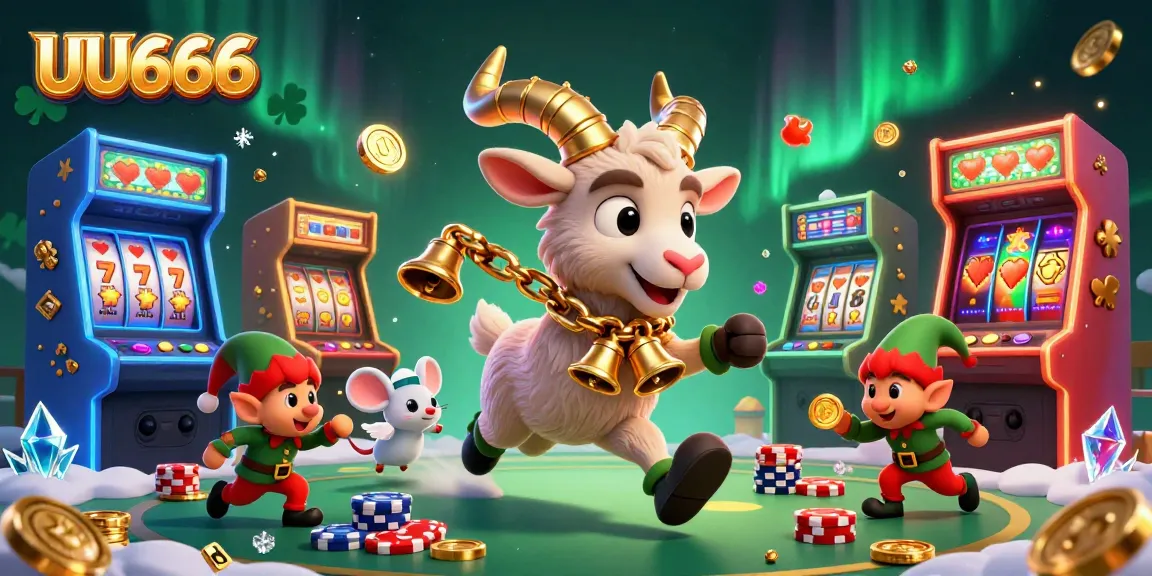 UU666 casino illustration featuring a festive Krampus goat among vibrant gaming elements.