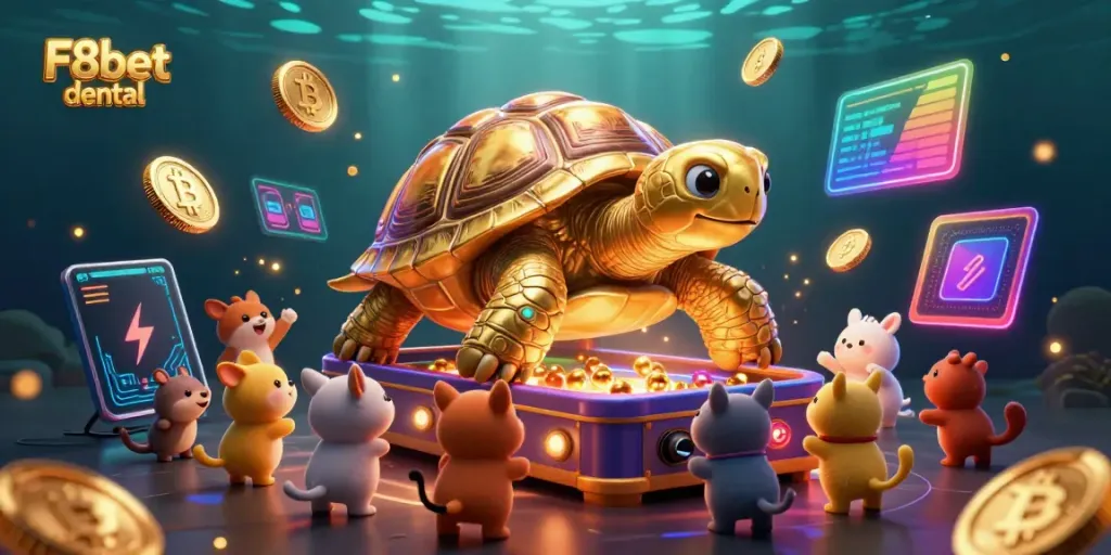 Engage with the thrilling F8bet dental gameplay featuring a colossal golden tortoise pinball machine and crypto elements.