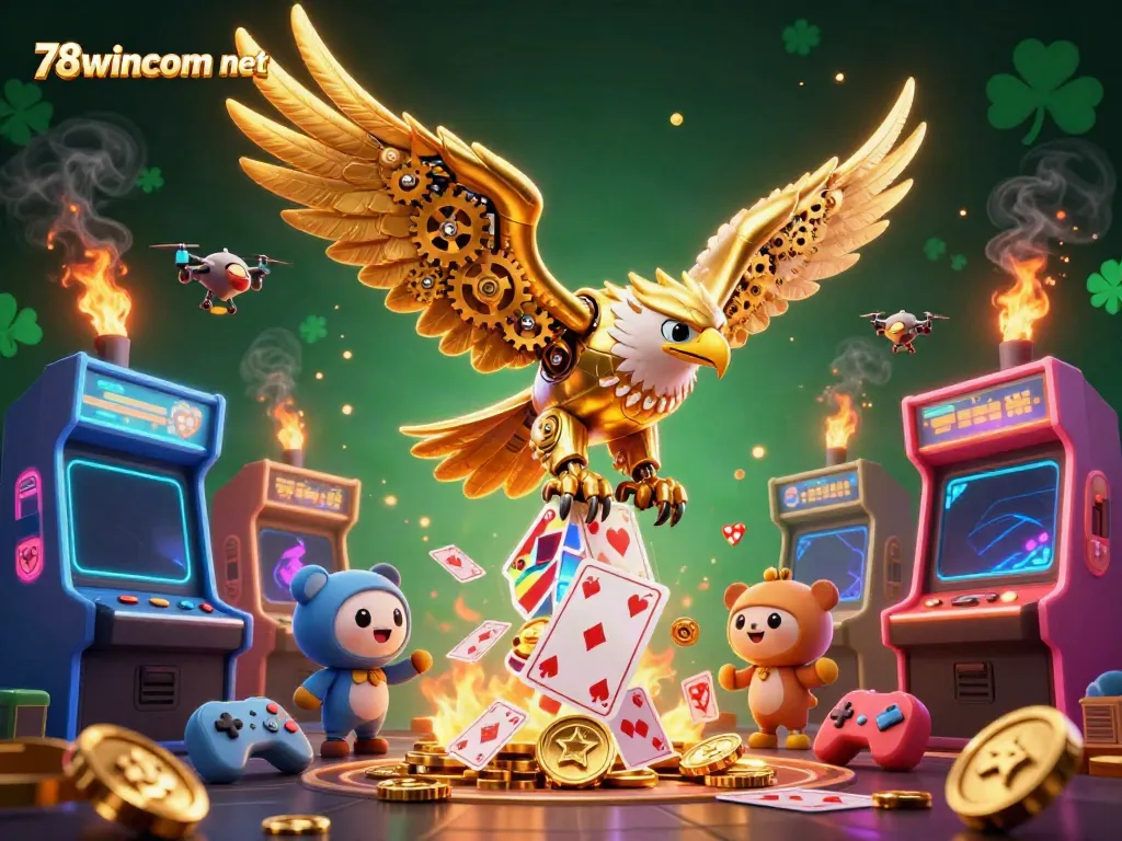 Playing cards cascade with a cybernetic eagle; experience 78wincom net's thrilling casino vibe.
