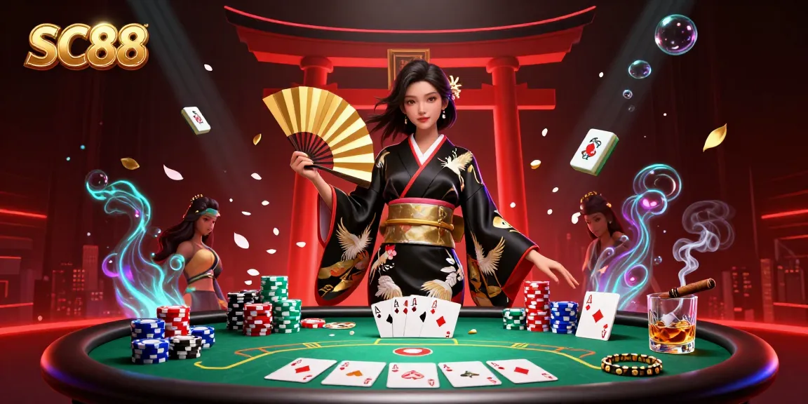 Engage with SC88 casino's dynamic poker scene featuring an elegant Asian woman in a kimono.