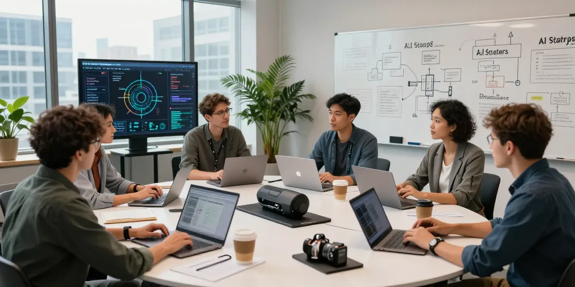 Team discussing AI startups 2026 with laptops and modern tech in a collaborative workspace.