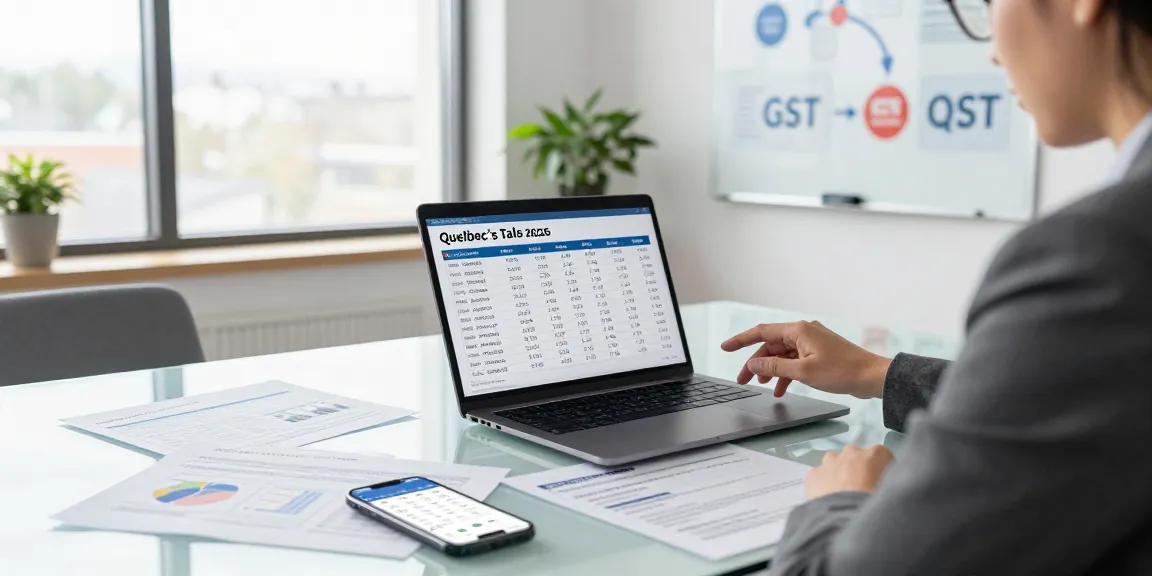 Efficient workspace featuring a Quebec sales tax calculator 2026, with laptop and tax documents showcasing important tax rates and calculations for clear understanding.
