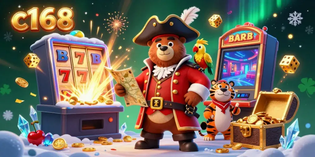 Experience c168 with an exciting casino scene featuring vibrant slot machines, a pirate bear, and dynamic gaming elements.