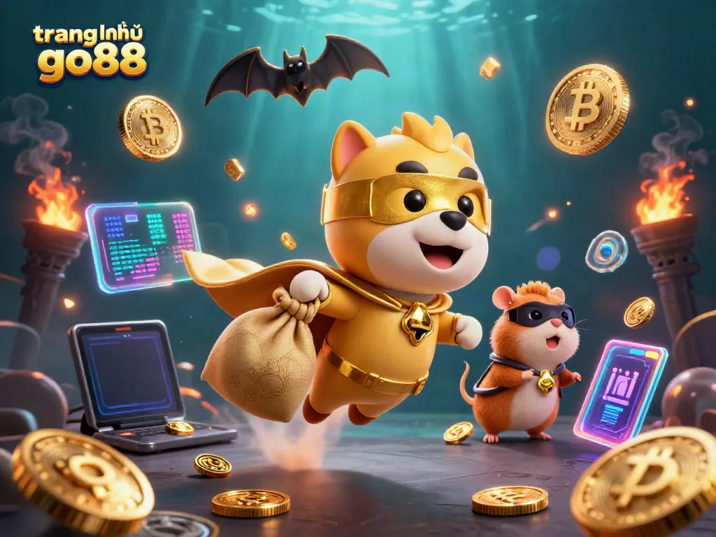 Experience the excitement of trang chủ go88 with a dynamic 3D illustration of a superhero dog and hamster celebrating with gold coins and casino elements.