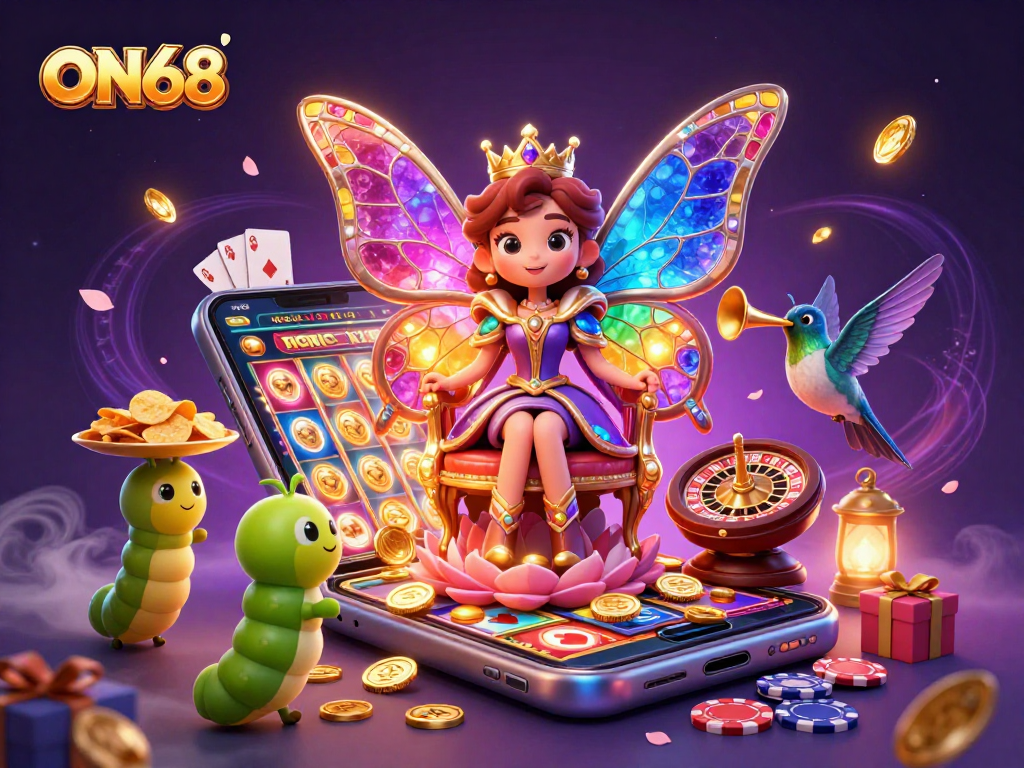 Experience ON68's thrilling gaming universe with a dazzling butterfly queen amid vibrant casino elements.