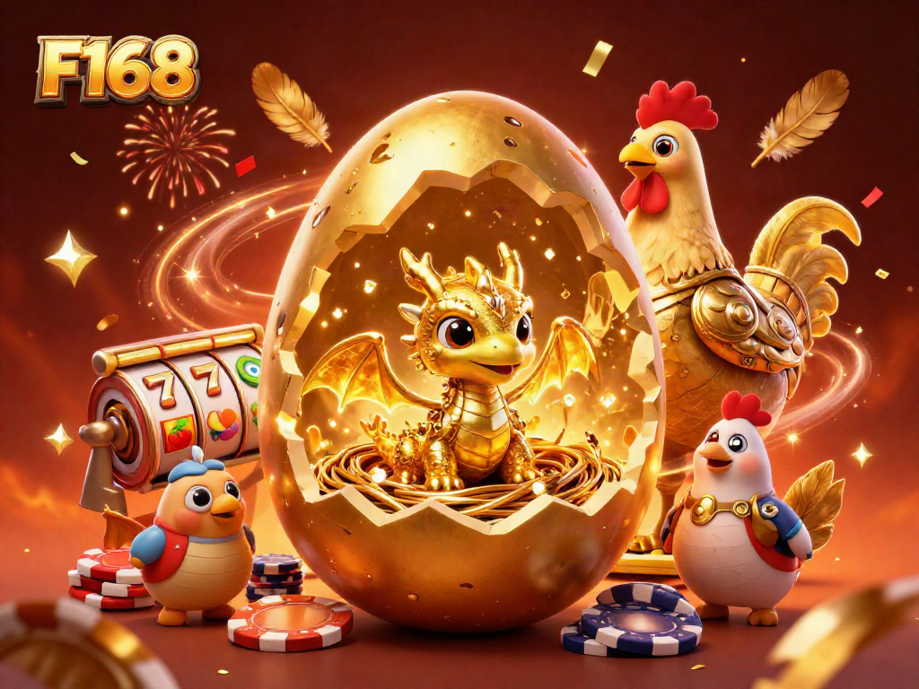 Spin the reels with F168's golden dragon amidst vibrant casino symbols and celebratory effects.
