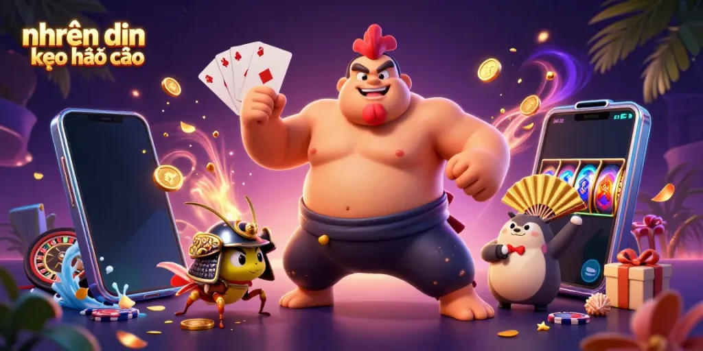 Engaging illustration of nhận định kèo nhà cái featuring playful characters and casino elements.
