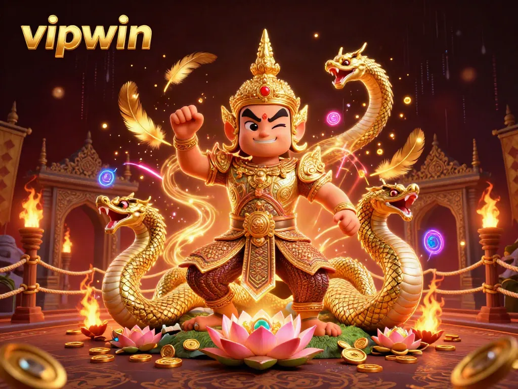 Engage in thrilling action at vipwin with a vibrant 3D illustration showcasing a Thai guardian and Naga serpents.