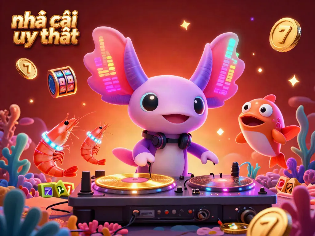 Experience the vibrant undersea party of nhà cái uy tín with a colorful axolotl DJ and lively sea creatures against a dazzling casino backdrop.