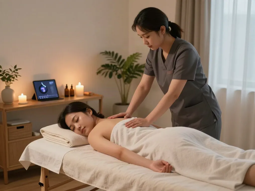 Professional therapist performing 의정부출장마사지 in a serene home environment, emphasizing relaxation and well-being.