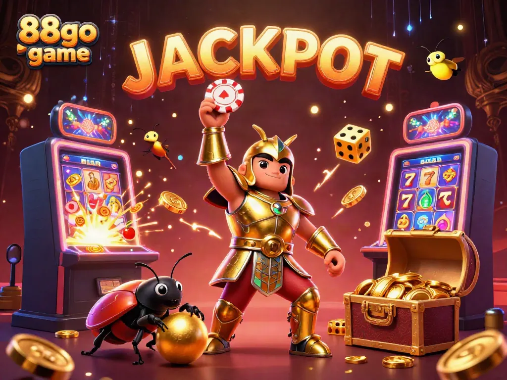 Engaging illustration of 88go game featuring a victorious beetle character amidst casino elements.
