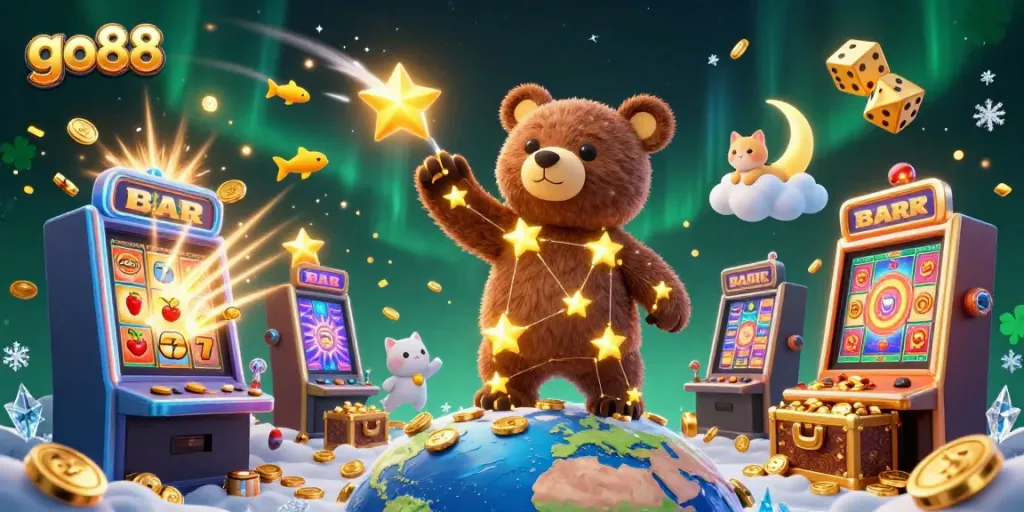 Go88 showcases an enchanting 3D scene with a constellation bear collecting coins amidst vibrant casino graphics and cosmic elements.