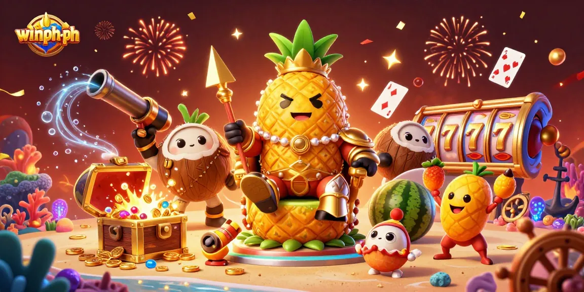Game at winph-ph with golden pineapple king, beach casino, and colorful treasure.