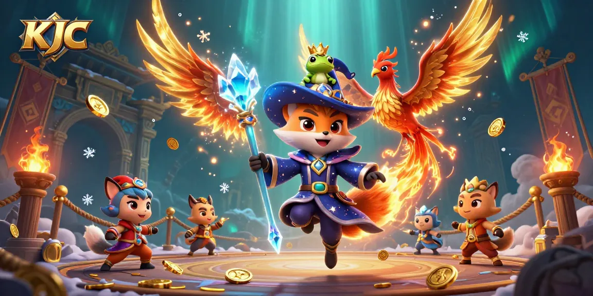 KJC offers thrilling gaming experiences featuring a mystical wizard fox, phoenix, and fiery elements in a vivid casino scene.