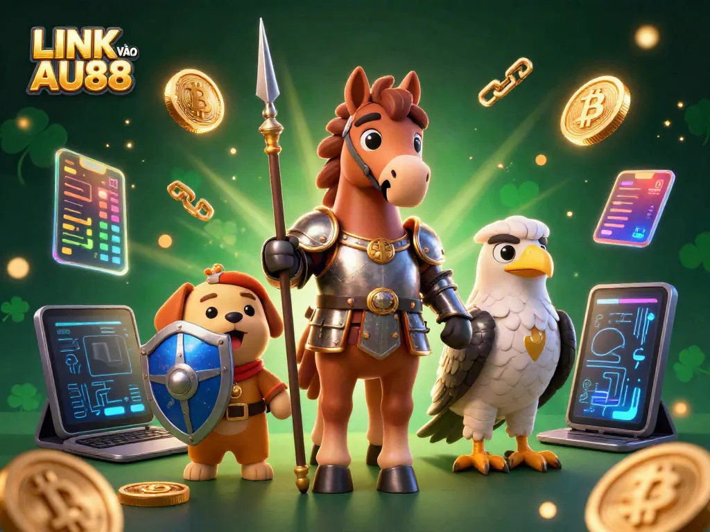 Engaging gameplay at LINK VÀO AU88 featuring a knight, puppy, and falcon amidst crypto elements.