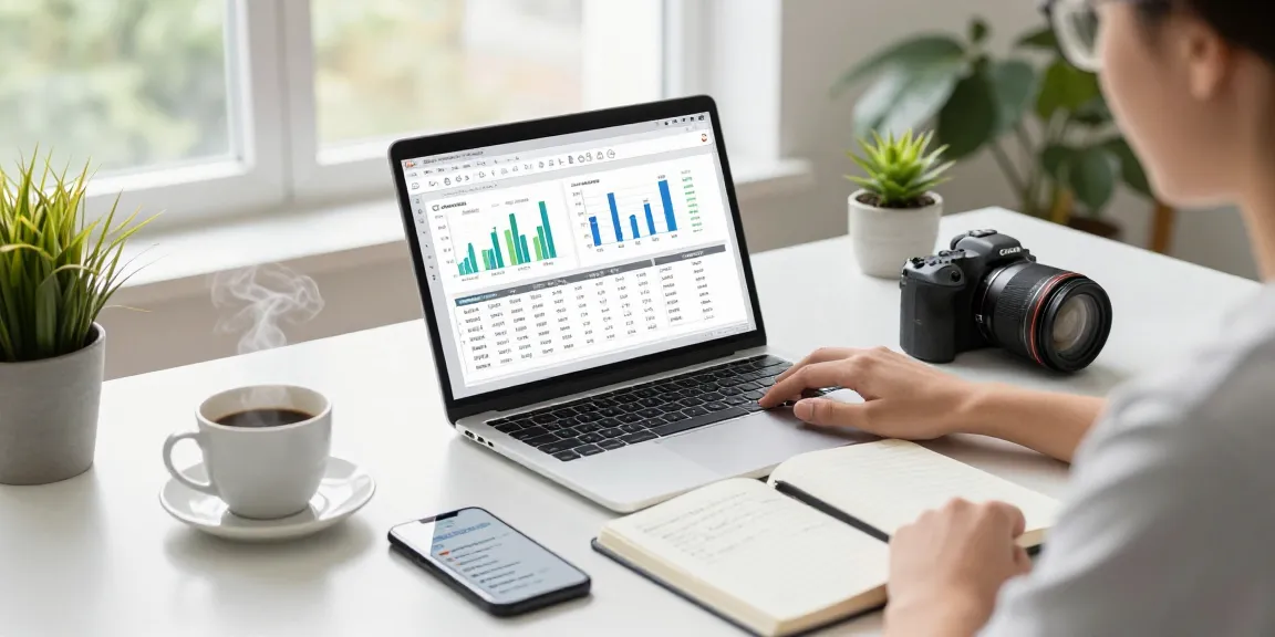 Small business owner using accounting software for small business, surrounded by a modern workspace and natural light.