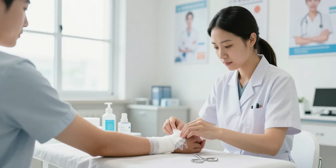 Applying gauze bandages in a clean healthcare setting, emphasizing patient care and recovery.