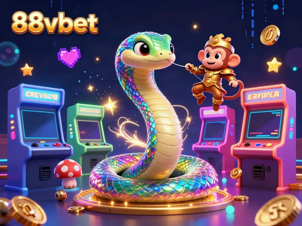 Experience the vibrant 88vbet world with a playful monkey king and rainbow serpent in a dynamic casino scene.
