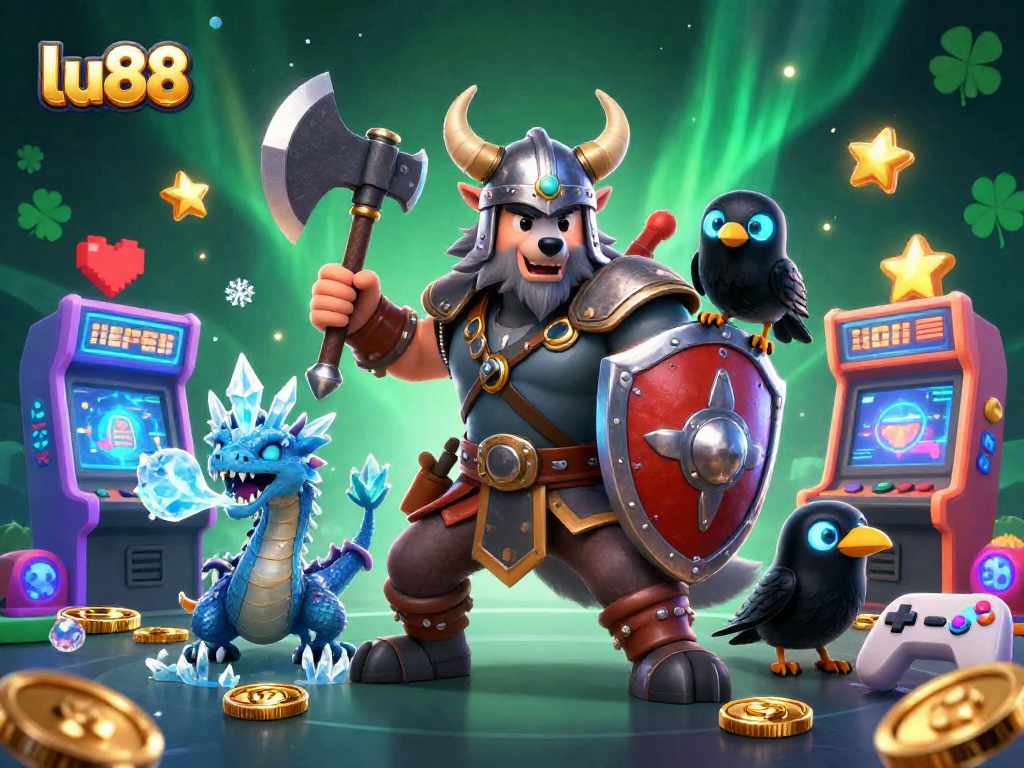 Win big with lu88's dynamic gaming scene featuring vibrant arcade machines and magical creatures.