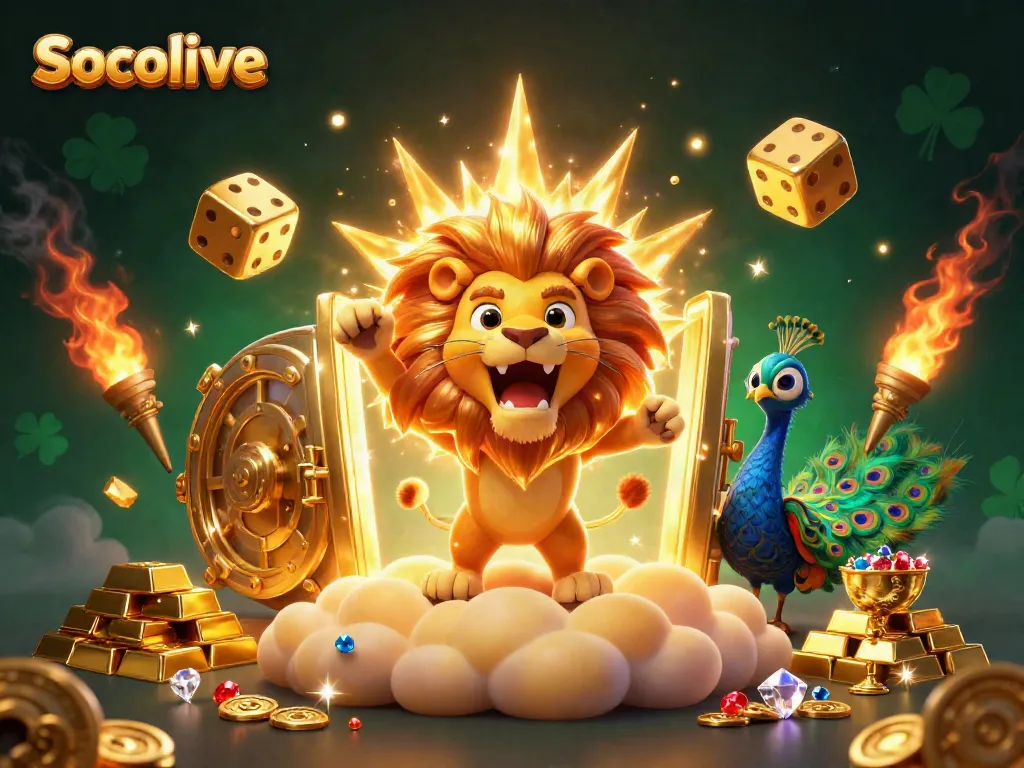 Experience the thrilling Socolive gaming world with vibrant characters and dazzling gold elements.