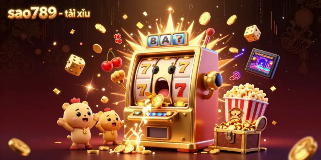 Experience the excitement of sao789 - tài xỉu with vibrant slot machines, golden coins, and jackpot wins.