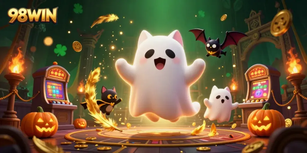 Experience the thrill of gaming at 98WIN with a friendly ghost cat and vampire bat in a vibrant haunted casino.