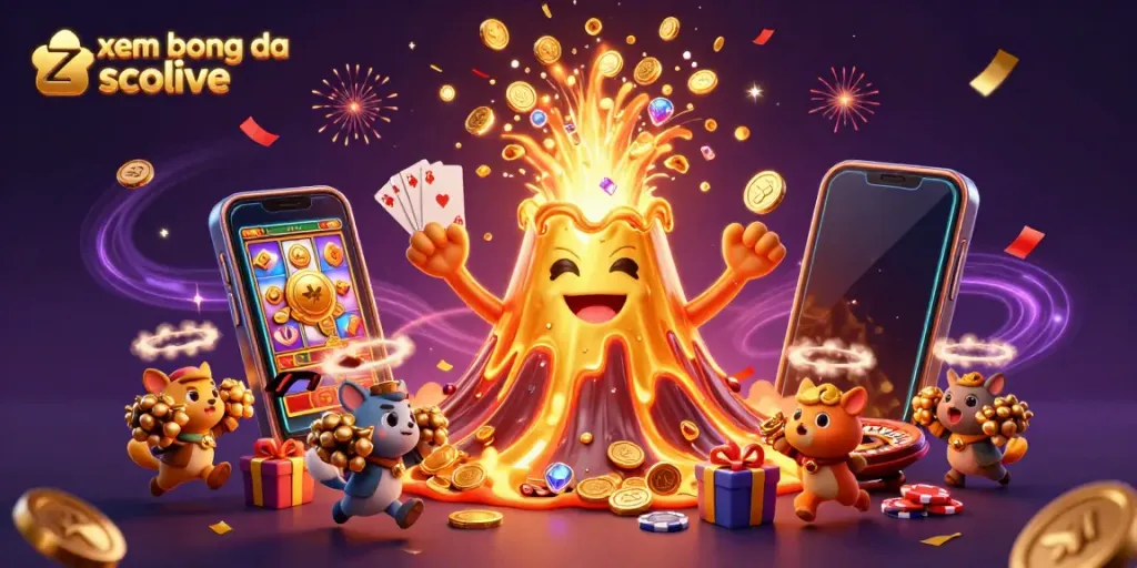 Xem bong da socolive with a triumphant golden volcano erupting treasures in an exciting gambling scene.