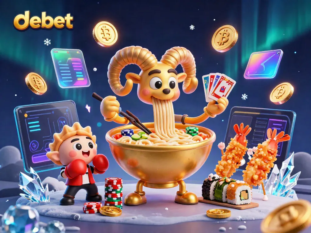 Experience debet through a vibrant scene with a giant ramen bowl and casino elements.
