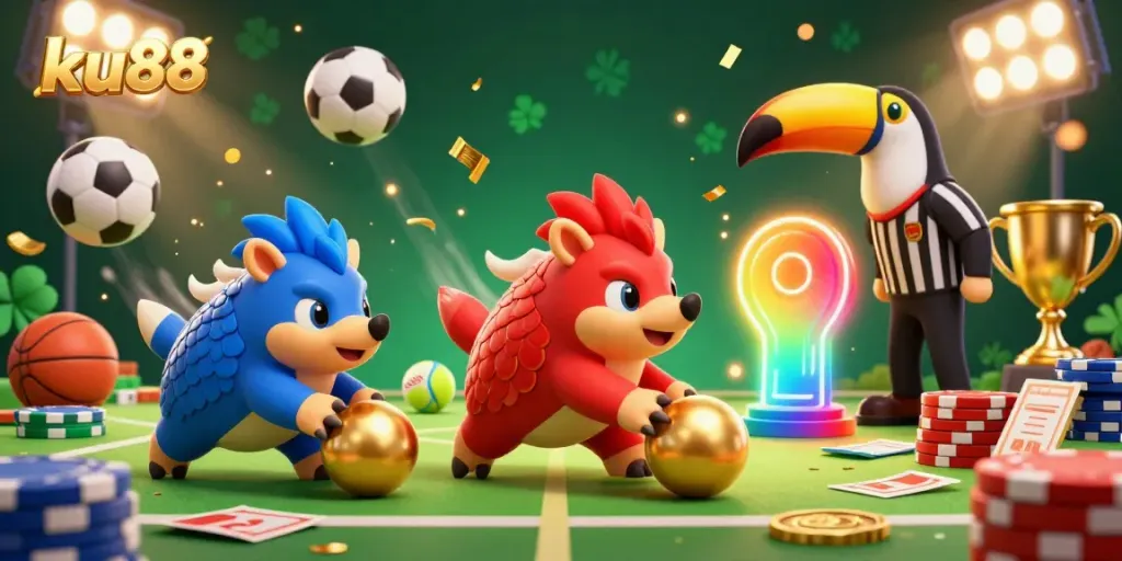 ku88 pangolins bowling through poker chips in a vibrant 3D digital casino scene.