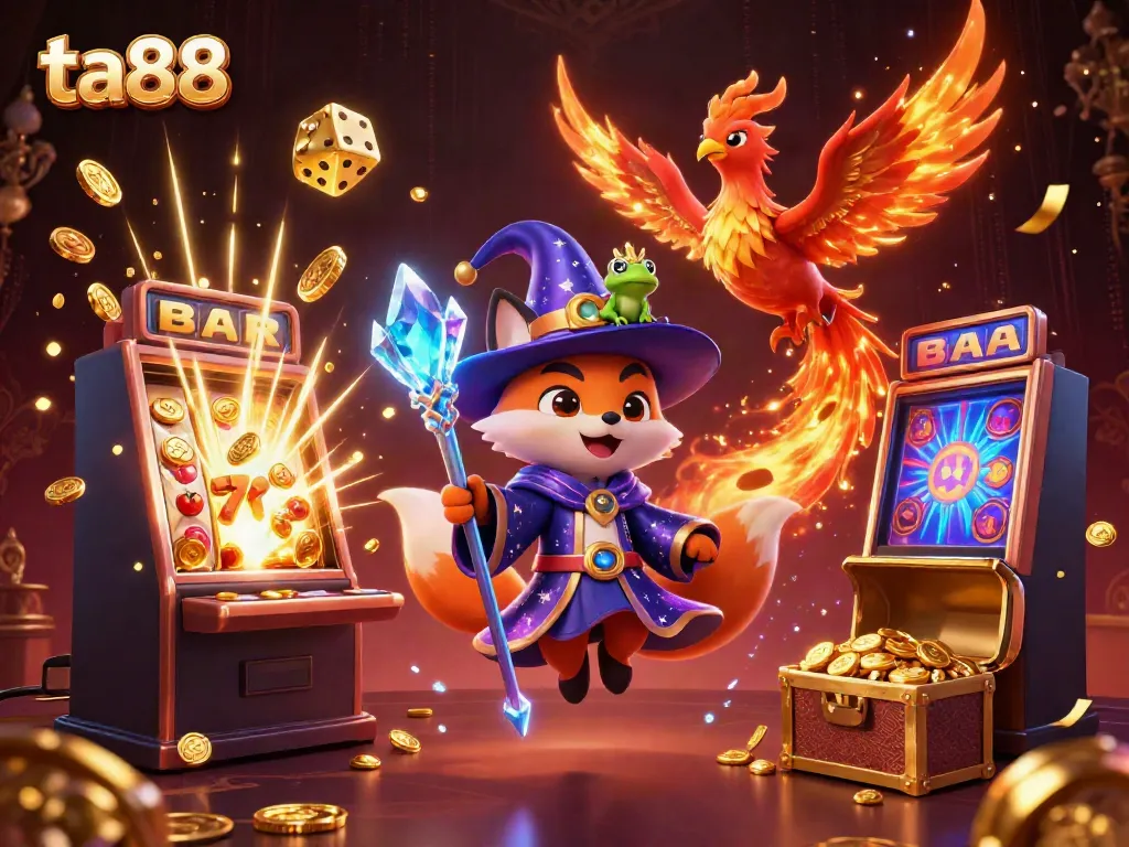 Experience the excitement of ta88 with a mystical scene featuring a wizard fox, phoenix, and jackpot elements.