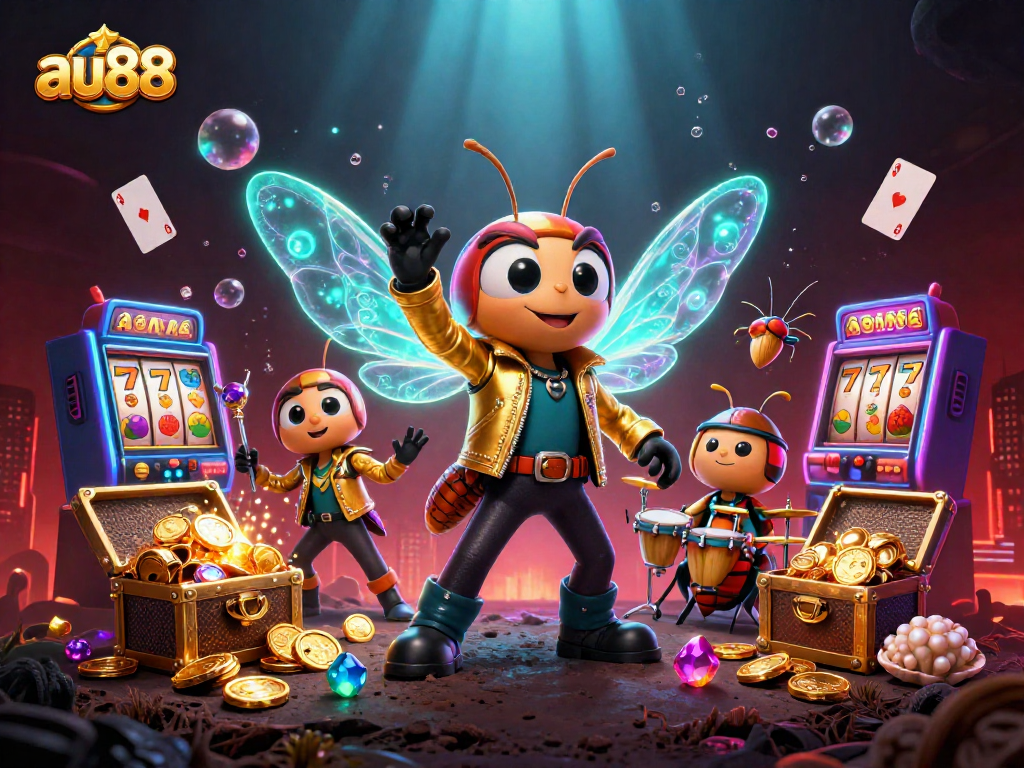 Engage with au88 slots featuring a cicada rock star amidst bursting treasures and vibrant casino elements.