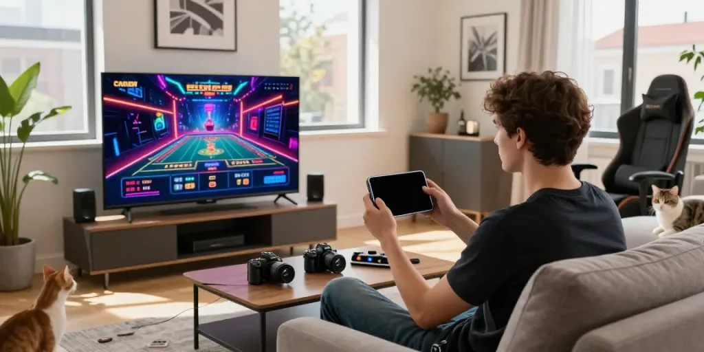 Experience the thrill of online gaming with https://sky88tg.com/ in a cozy living room setting.