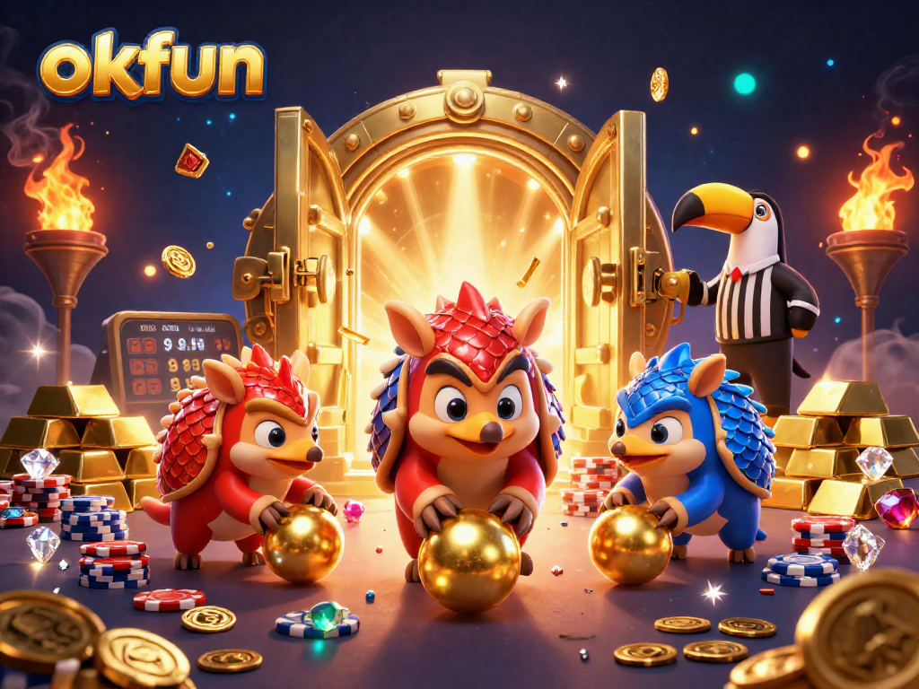 Spin the reels at okfun while rival pangolins roll through poker chips in a lively casino scene.