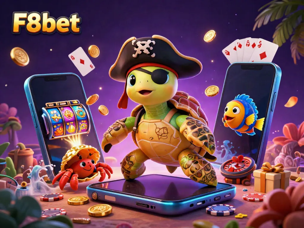 Experience the thrilling adventure of F8bet with a pirate turtle and friends amid lively casino action.