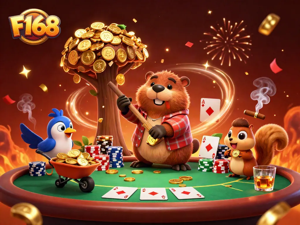 Experience the thrilling F168 casino scene as characters celebrate with winnings and poker excitement