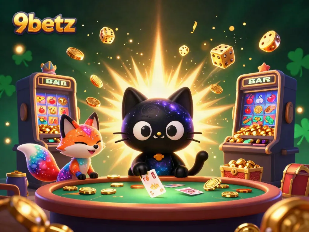 Engage in the thrilling world of 9betz as the black hole cat draws in winning chips and cards!