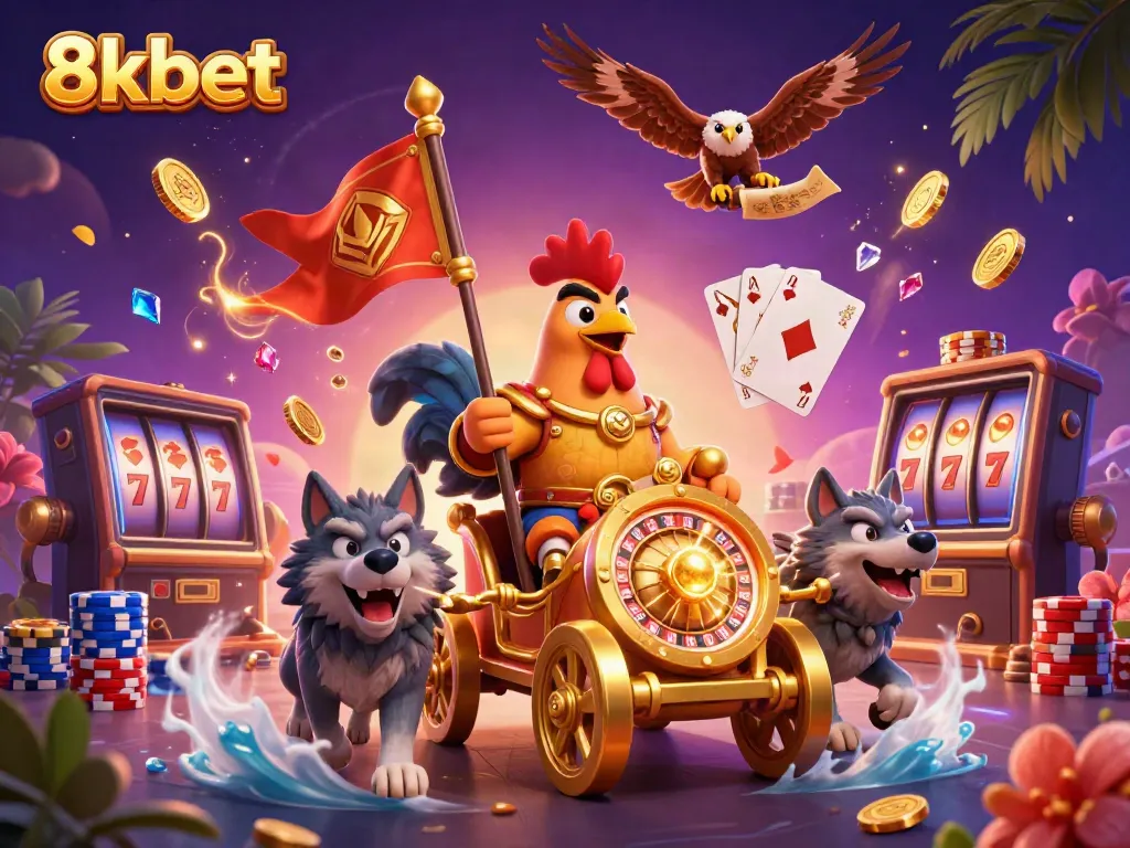 Engage in dynamic betting action at 8xbet with a vibrant 3D cartoon scene showcasing exciting gaming elements.